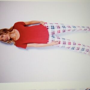 Soma NWT Women's PJ Set Cool Nights Short Sleeve Long Pants Size S Red Plaid.